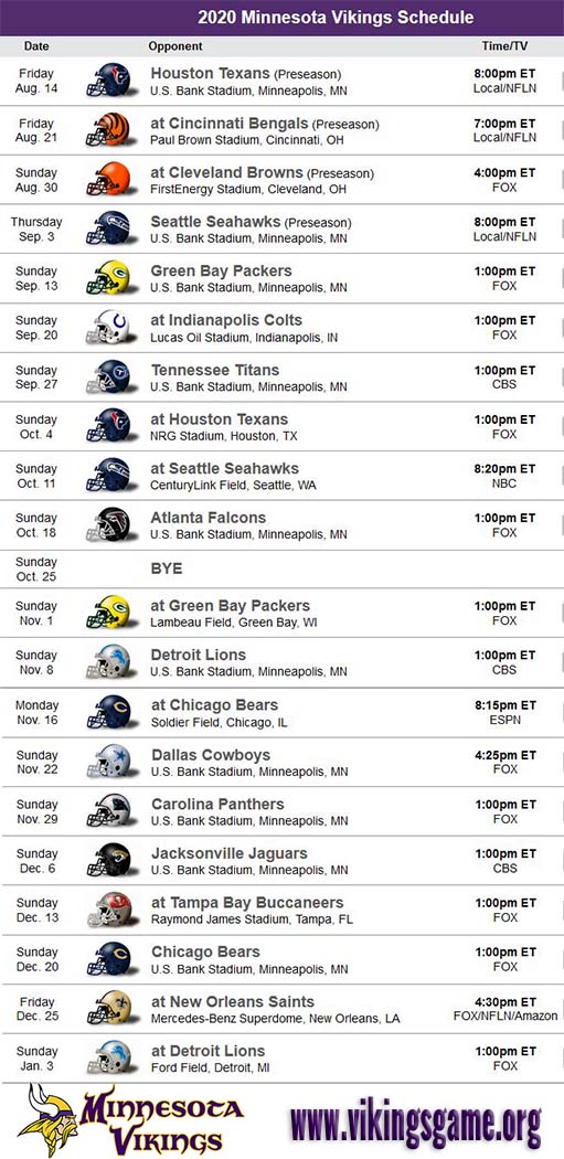 Printable Minnesota Vikings Schedule